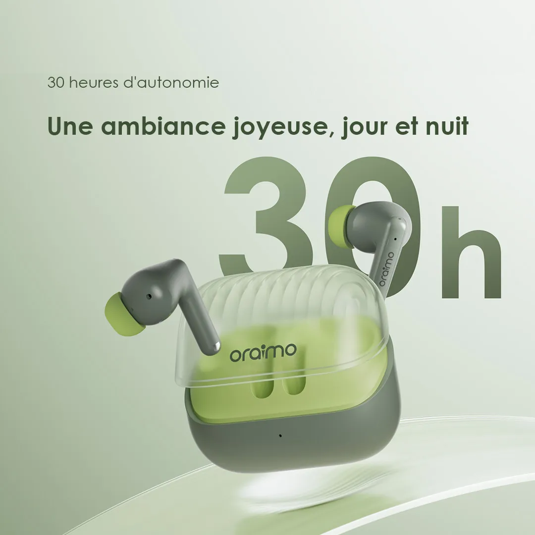 30 heures Avec une charge complète, les oraimo SpaceBuds Neo offrent 5 heures d'autonomie, tandis que l'étui de chargement pratique ajoute 25 heures supplémentaires, vous accompagnant tout au long de vos journées et nuits.